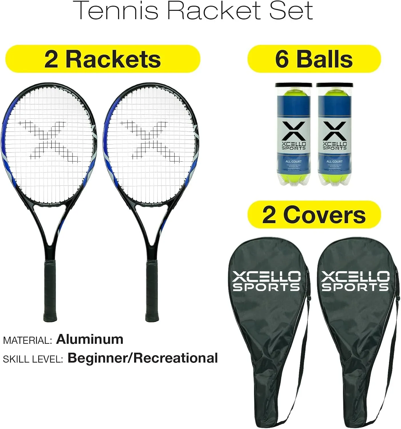 27" Aluminum Racket Set (Blue/Black) with 2 Tubes of Tennis Balls and 2 Covers