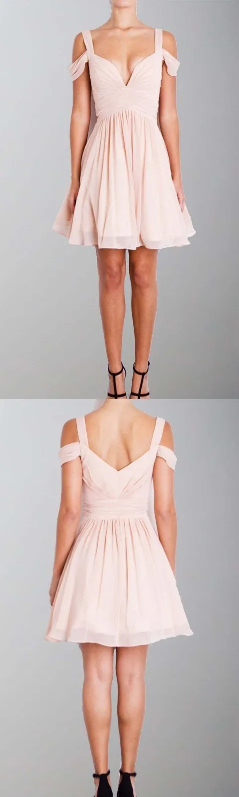 A-Line Straps Dusty Pink Short Chiffon Off-Shoulder Mini Bridesmaid Dresses, WG258