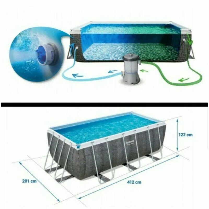 Bestway 13.6Ft Rectangular Swimming Pool 412X201X122cm Grey Rattan   Accessories