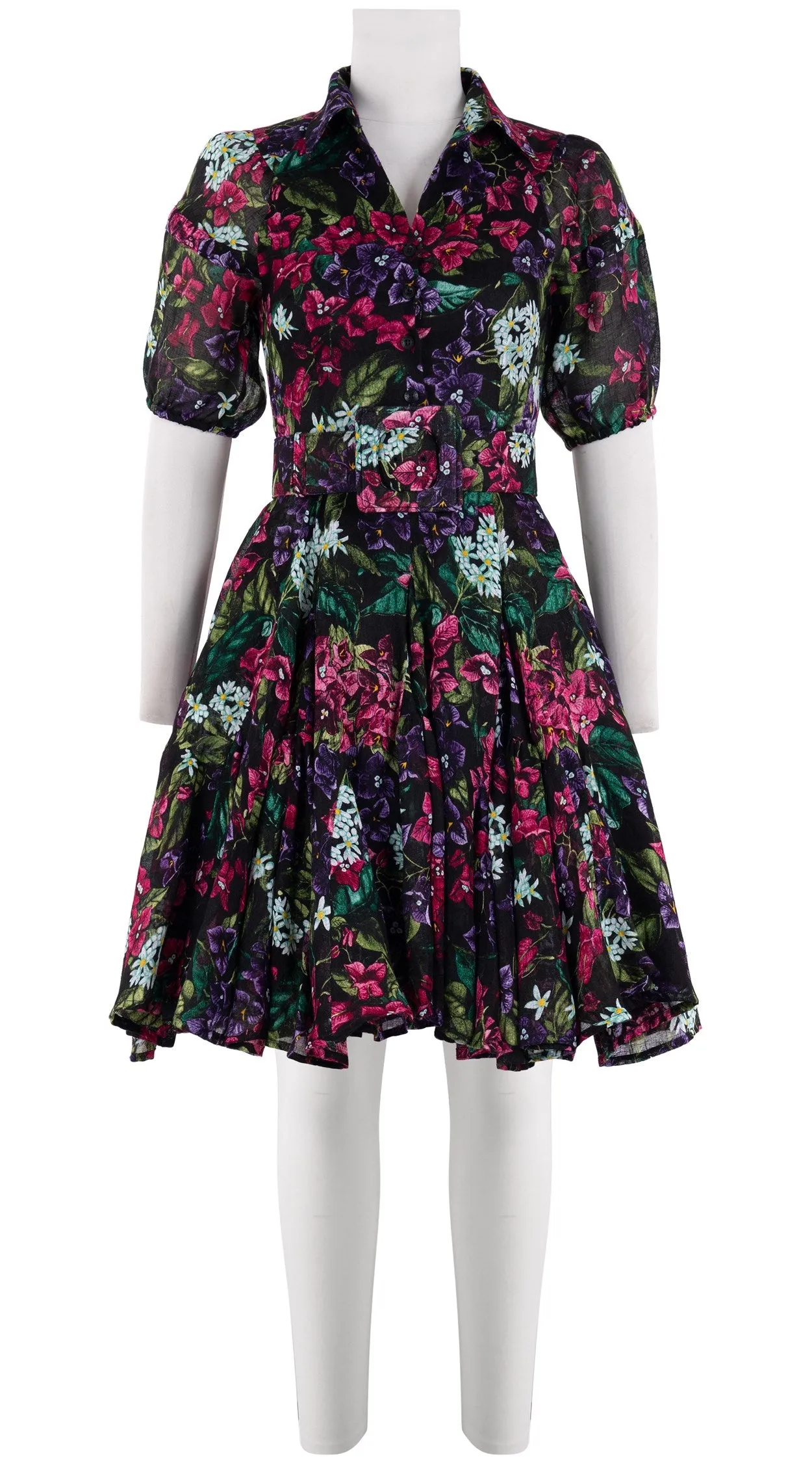 Birdy Dress #2 Shirt Collar 1/2 Puff Sleeve Petite Length Linen (Barbados Flower Ground)