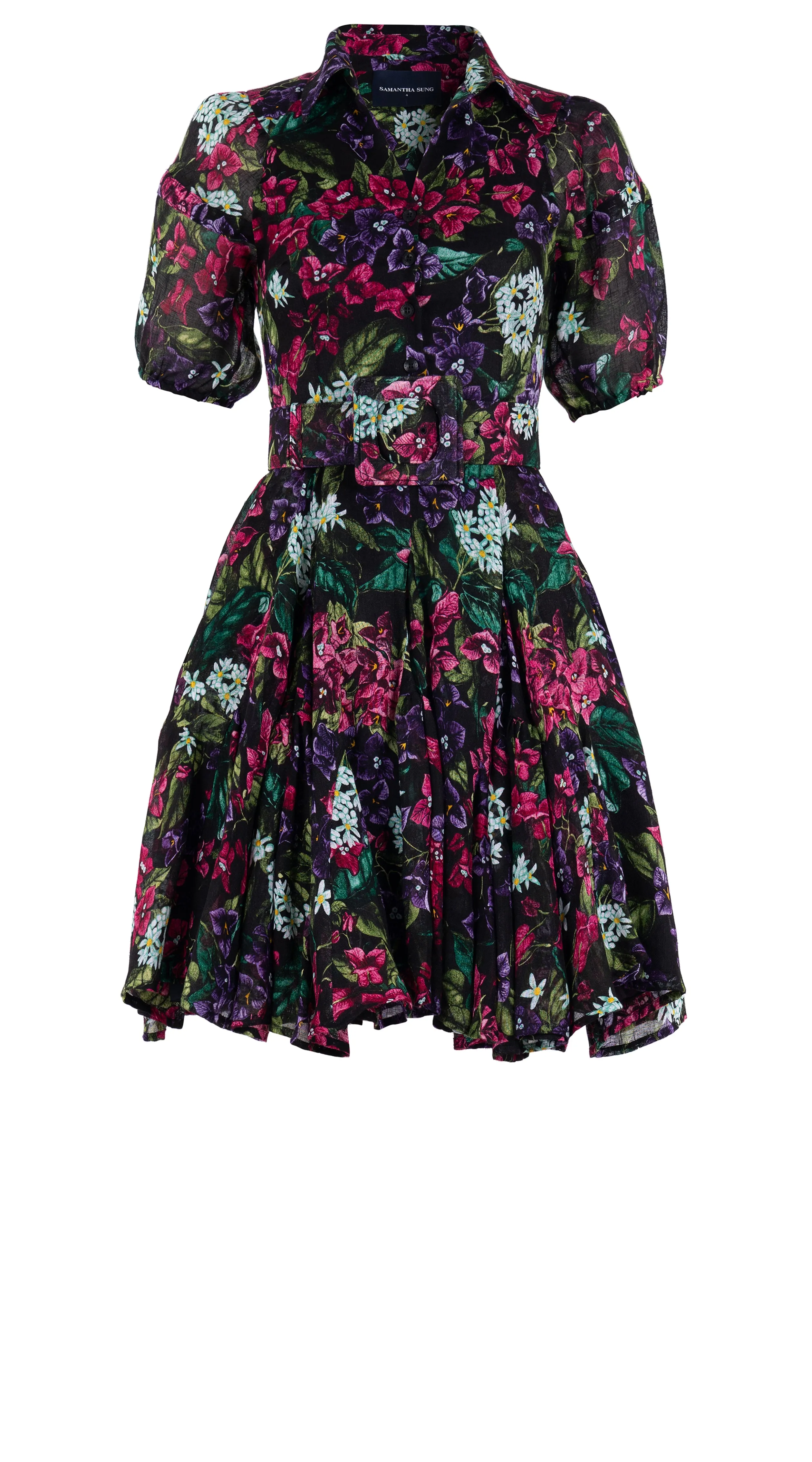 Birdy Dress #2 Shirt Collar 1/2 Puff Sleeve Petite Length Linen (Barbados Flower Ground)