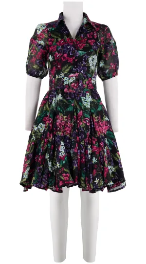 Birdy Dress #2 Shirt Collar 1/2 Puff Sleeve Petite Length Linen (Barbados Flower Ground)