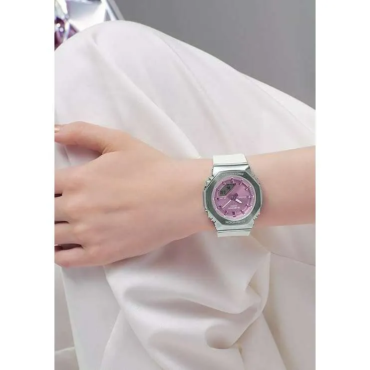 CASIO G-SHOCK METAL COVERED ANALOG DIGITAL WHITE & PURPLE LADIES WATCH GM-S2110-7A6JF