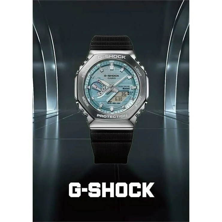 CASIO G-SHOCK METAL COVERED BLUETOOTH SOLAR SILVER & BLUE DIAL MEN WATCH GBM-2100A-1A2JF
