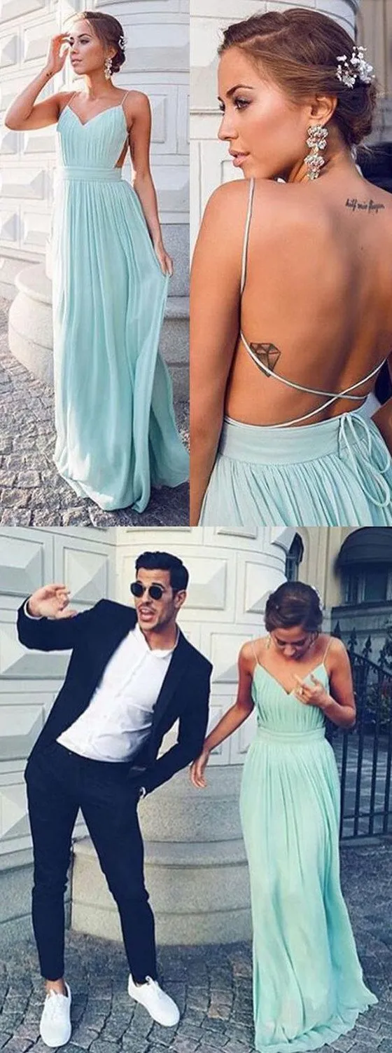 Cheap Simple Chiffon Open Back Cheap Tiffany Blue Prom Dress, Sexy Long Wedding Party Dresses, WG50