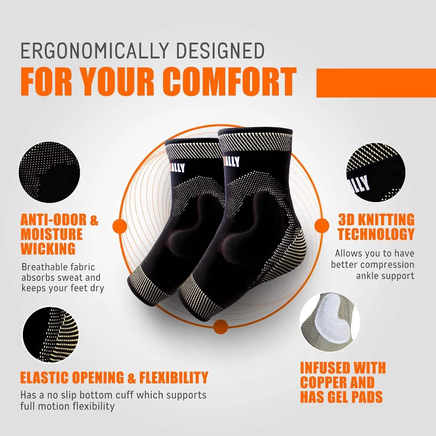 Copper Infused Ankle Brace Silicone Gel Ankle Support Compression Sleeves for Pain Relief, Plantar Fasciitis, Achilles Tendonitis, Large, 1 Pair