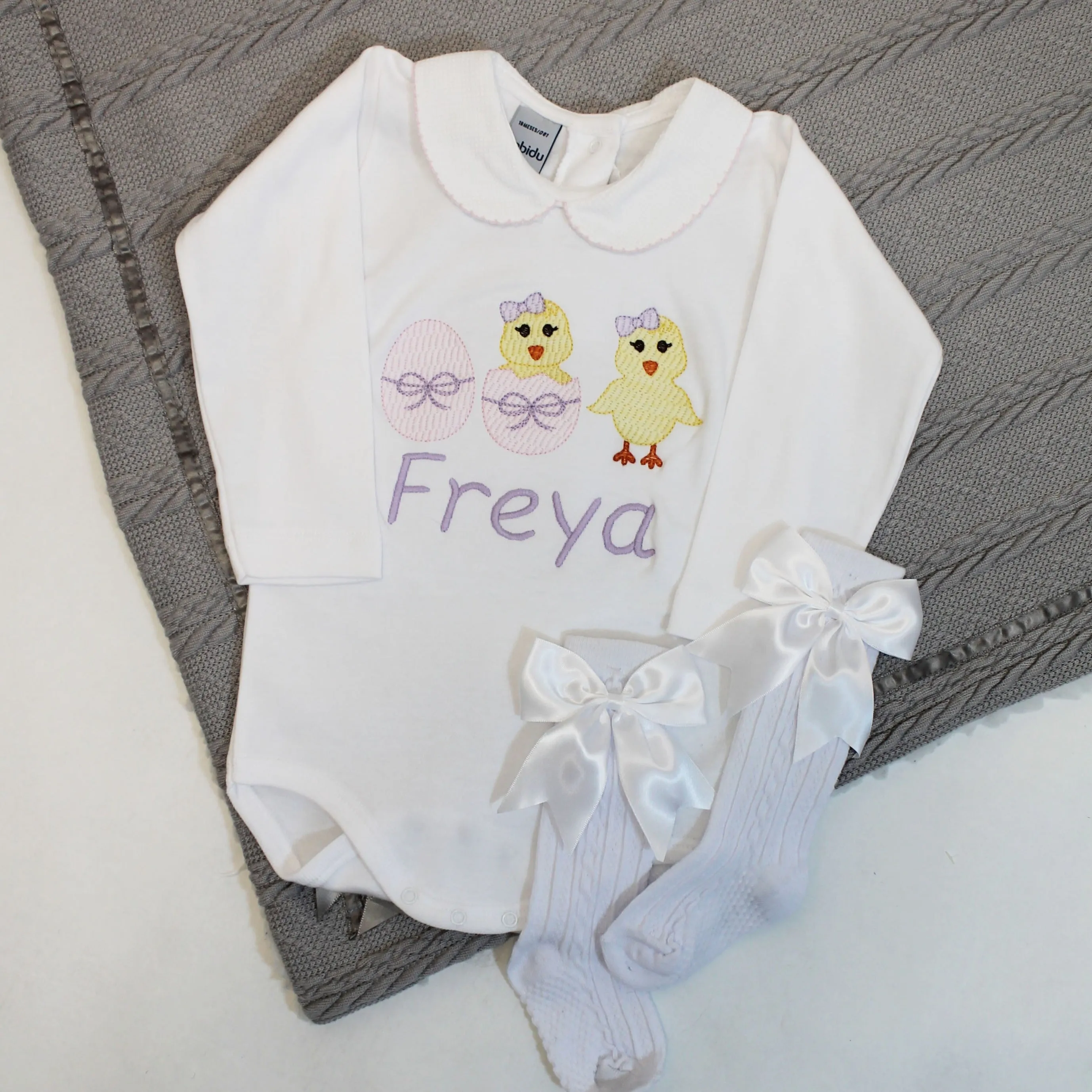 Easter Pink Chicks & Eggs Embroidered Personalised Babygrow