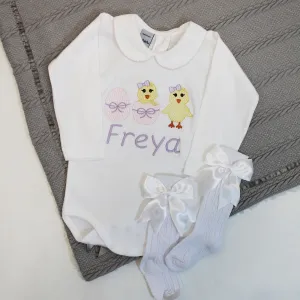 Easter Pink Chicks & Eggs Embroidered Personalised Babygrow