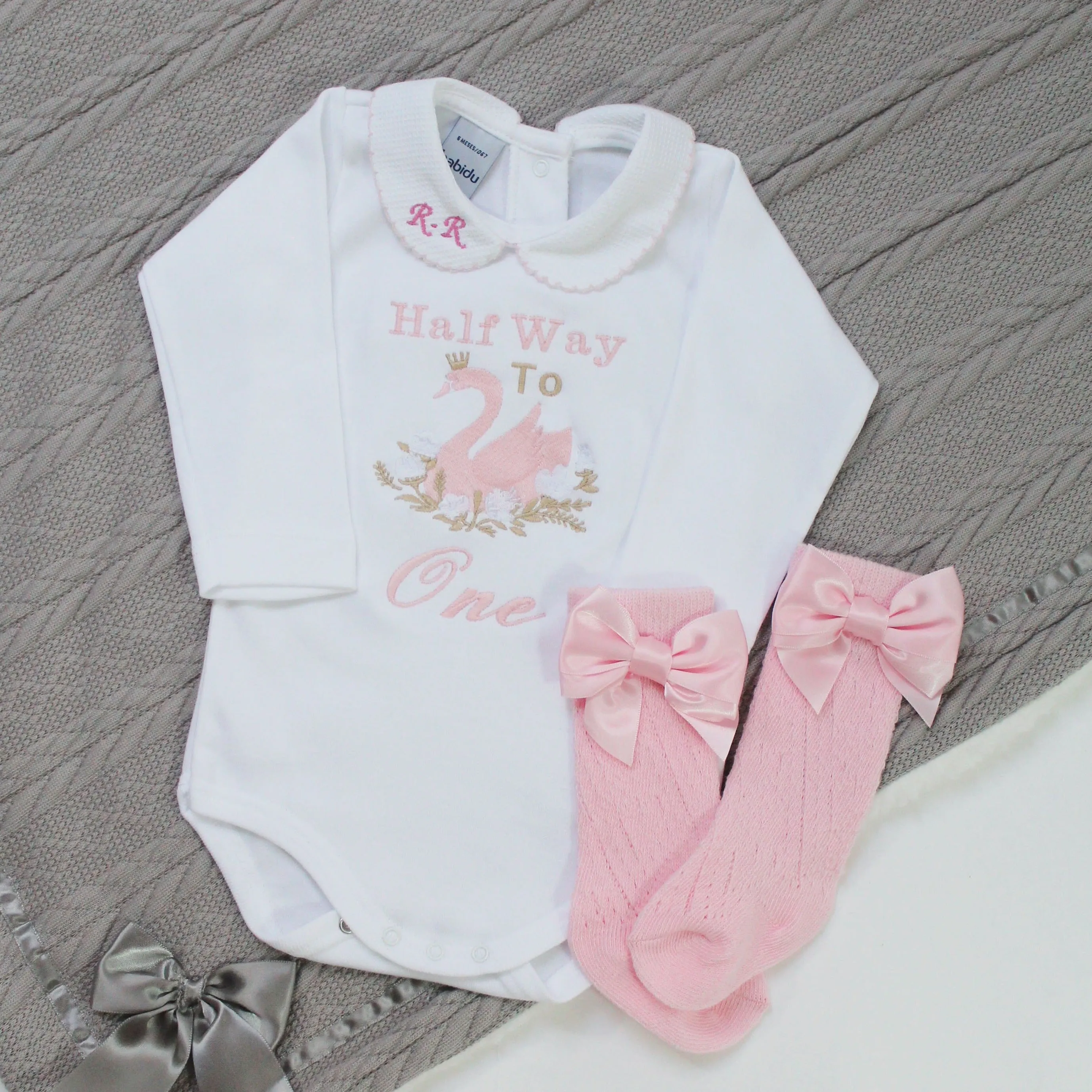 Embroidered Half Way To One Birthday Personalised Babyvest - Swan