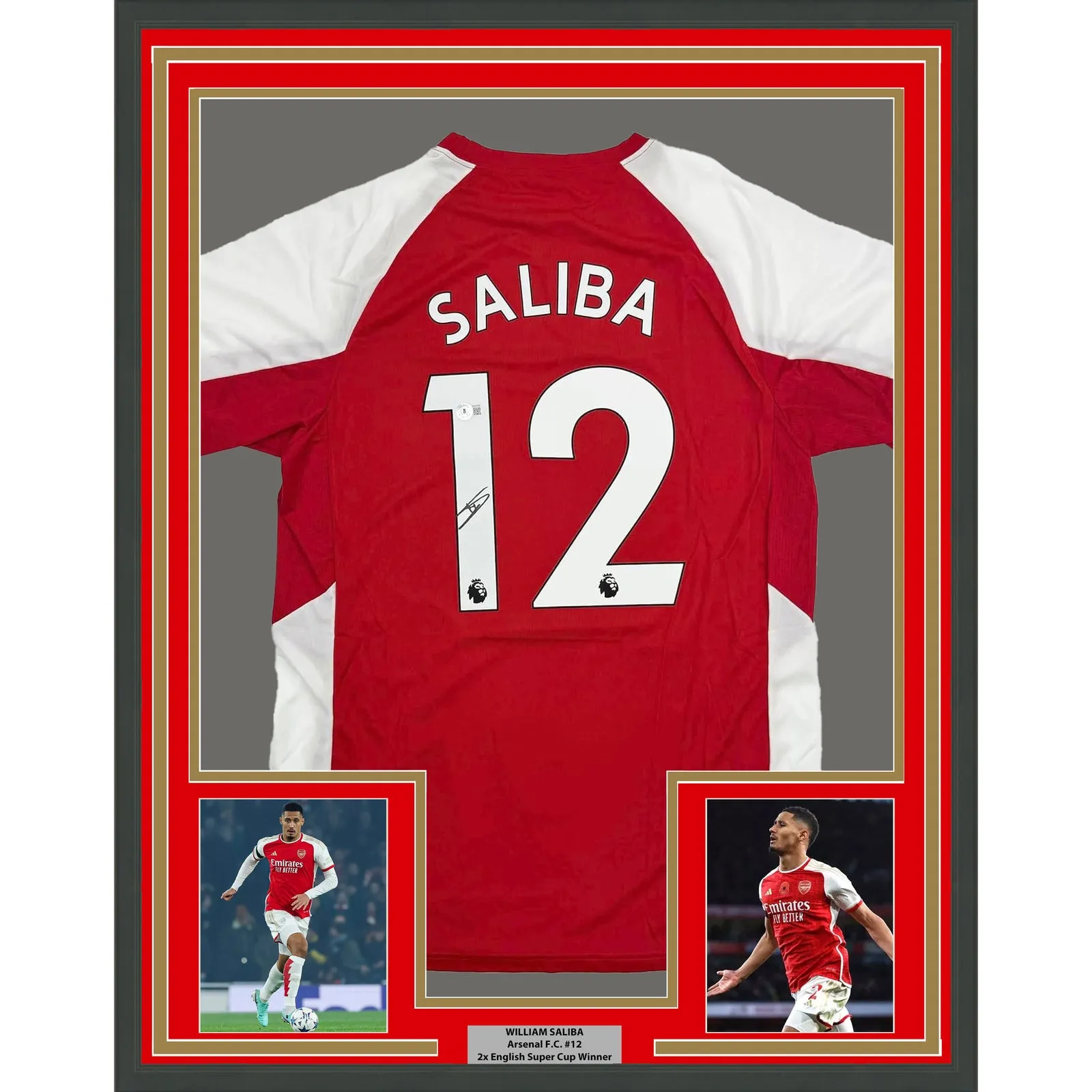 Framed Autographed/Signed William Saliba 35x39 Arsenal Red Soccer Jersey Beckett