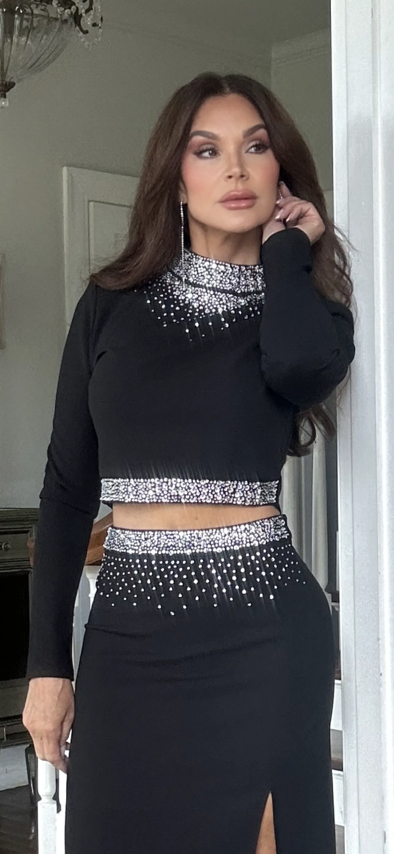 Lucia black high neck gradient stone empelished long sleeve crop top