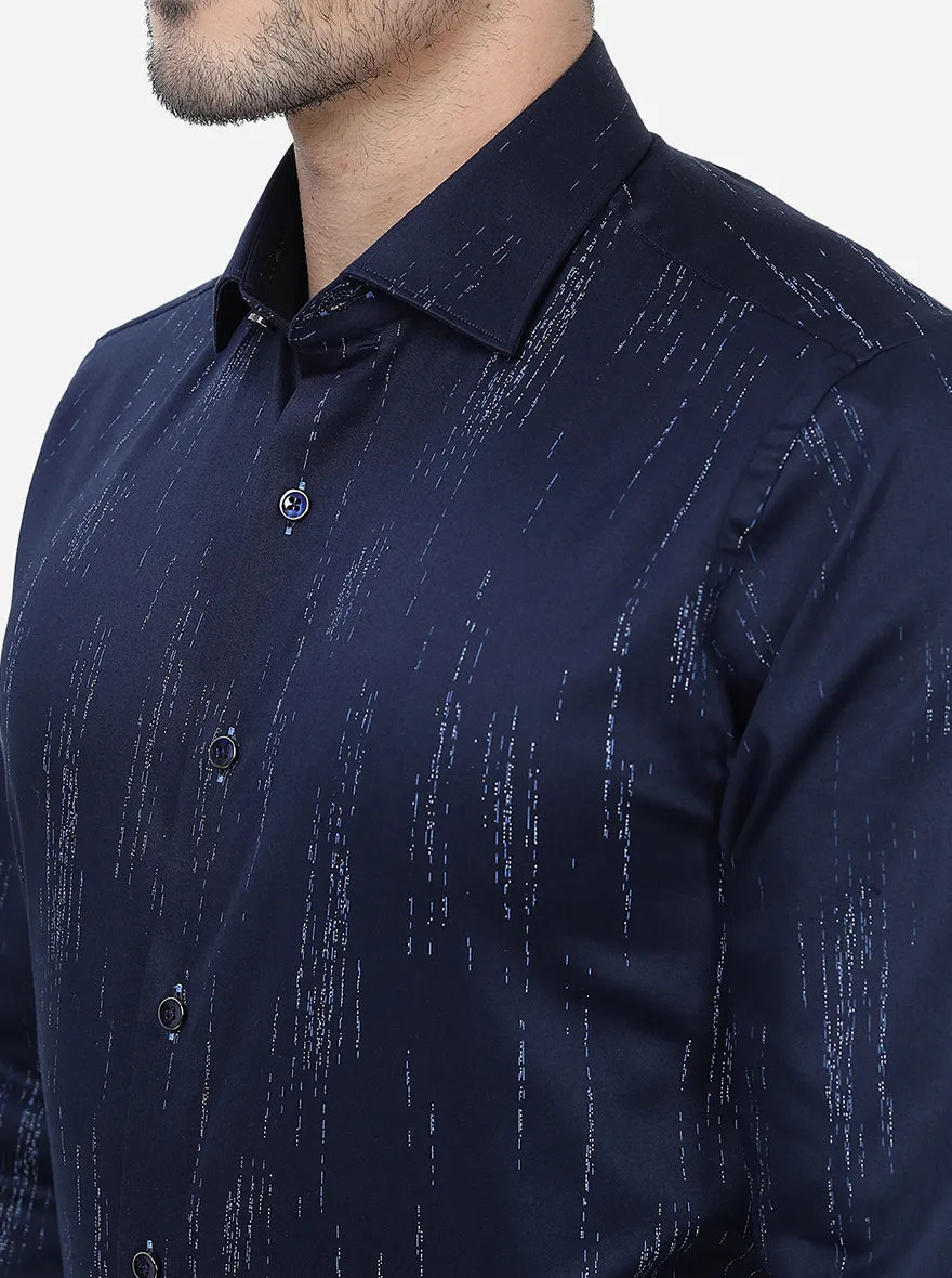 Navy Blue Printed Slim Fit Party Wear Shirt | JB Studio