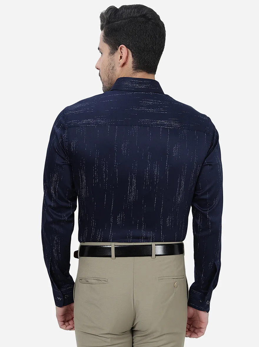 Navy Blue Printed Slim Fit Party Wear Shirt | JB Studio