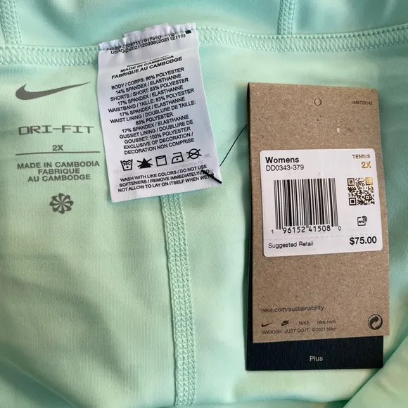 NIKE Dri-Fit Plus Club Tennis Skirt Short Length in Mint Green Size 2X NWT