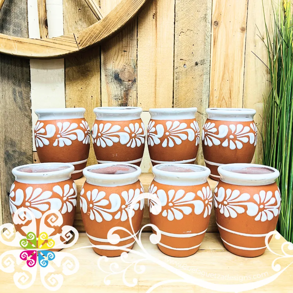 Set of 8 White Plumeado Cantarito Cup - Set Clay Cantarito