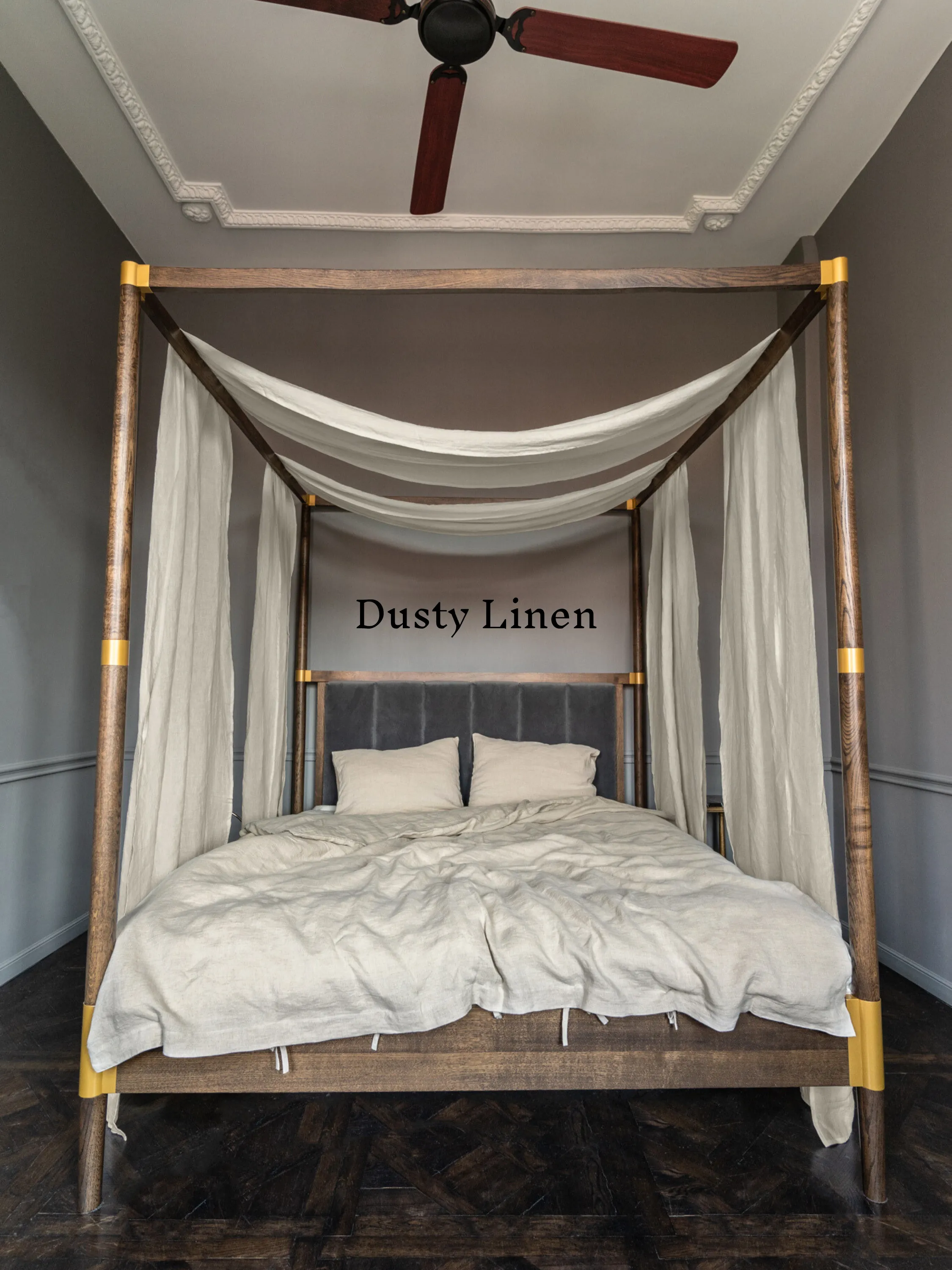 Set of Linen scarf curtains for canopy bed in Natural Light color (density 175 g/m2)