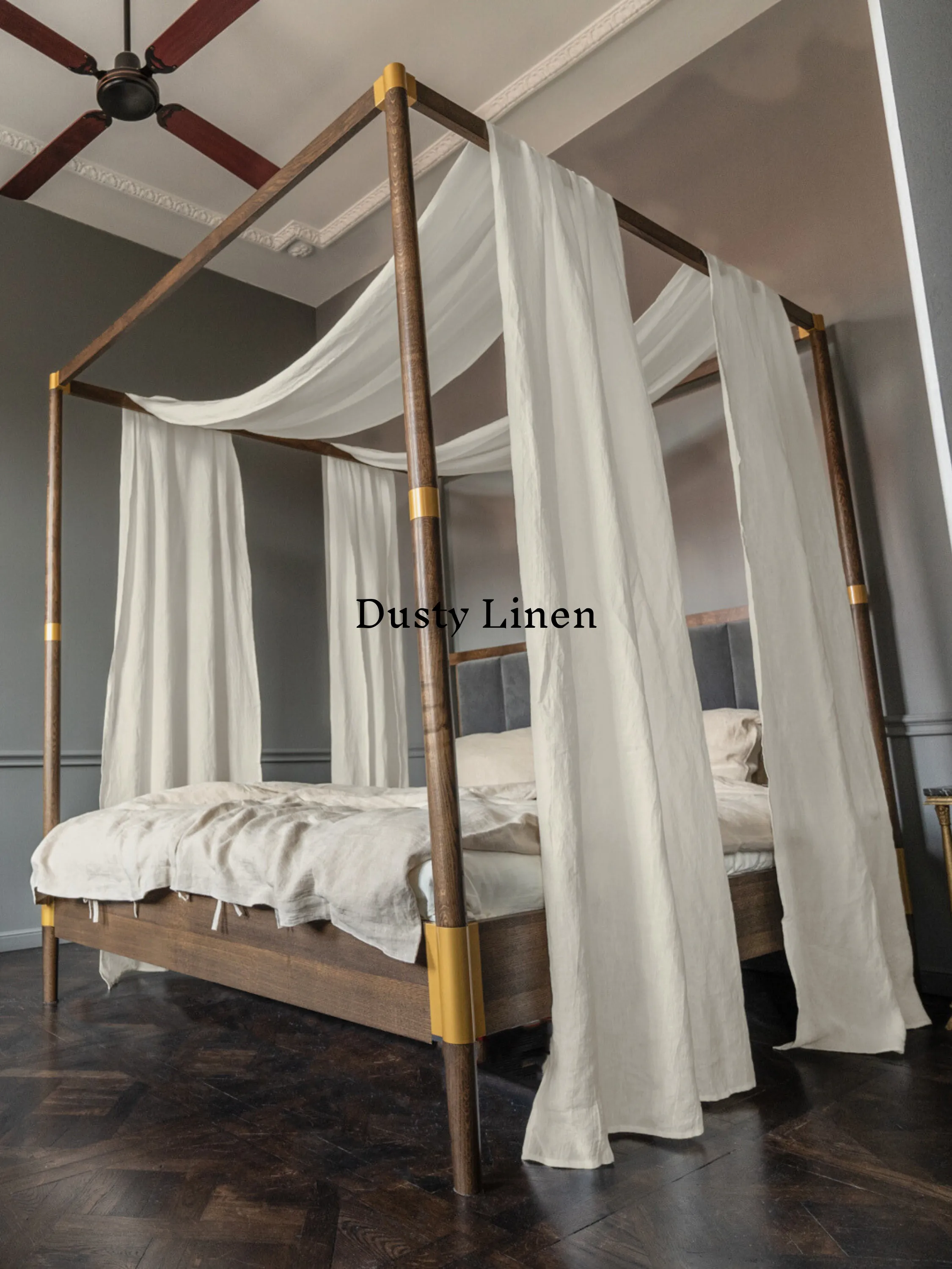 Set of Linen scarf curtains for canopy bed in Natural Light color (density 175 g/m2)