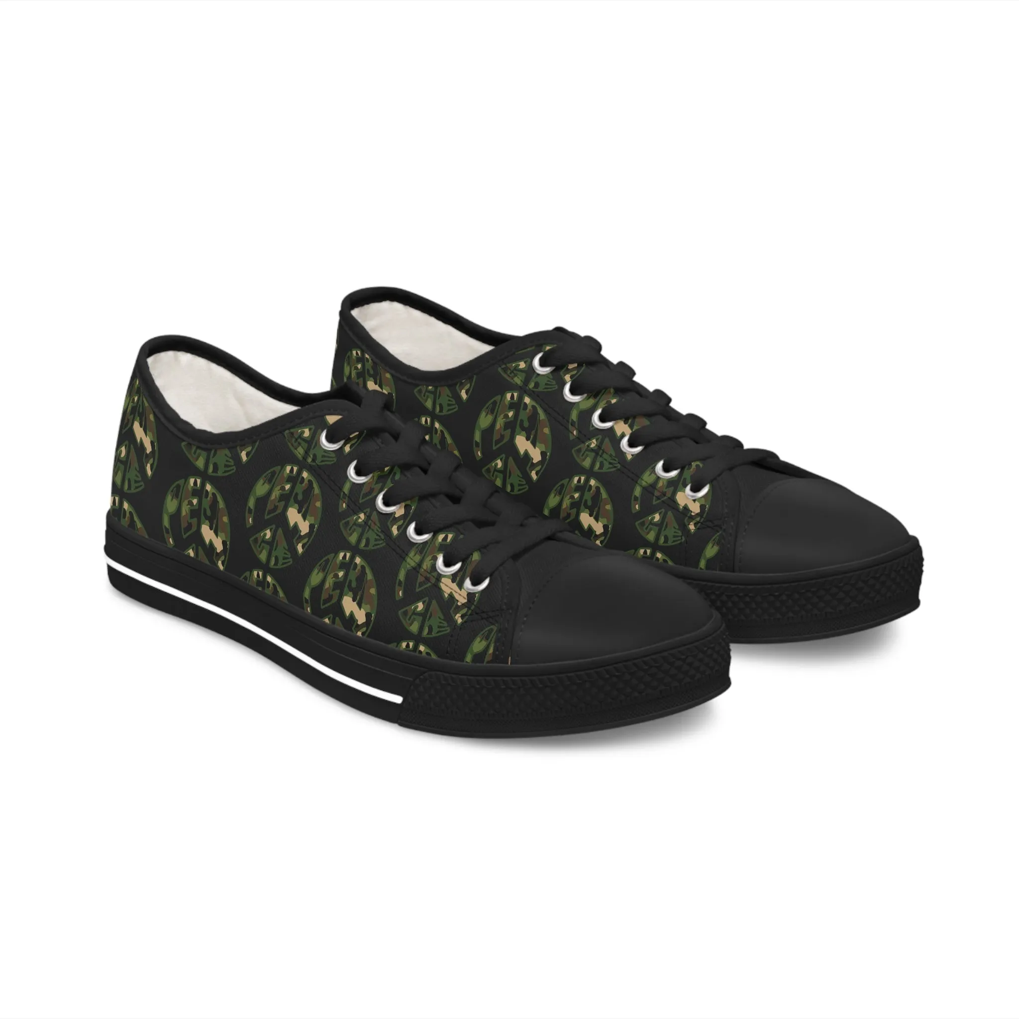 Shoes of Peace - Women's Low Top Sneakers (Green Camo Peace Design)