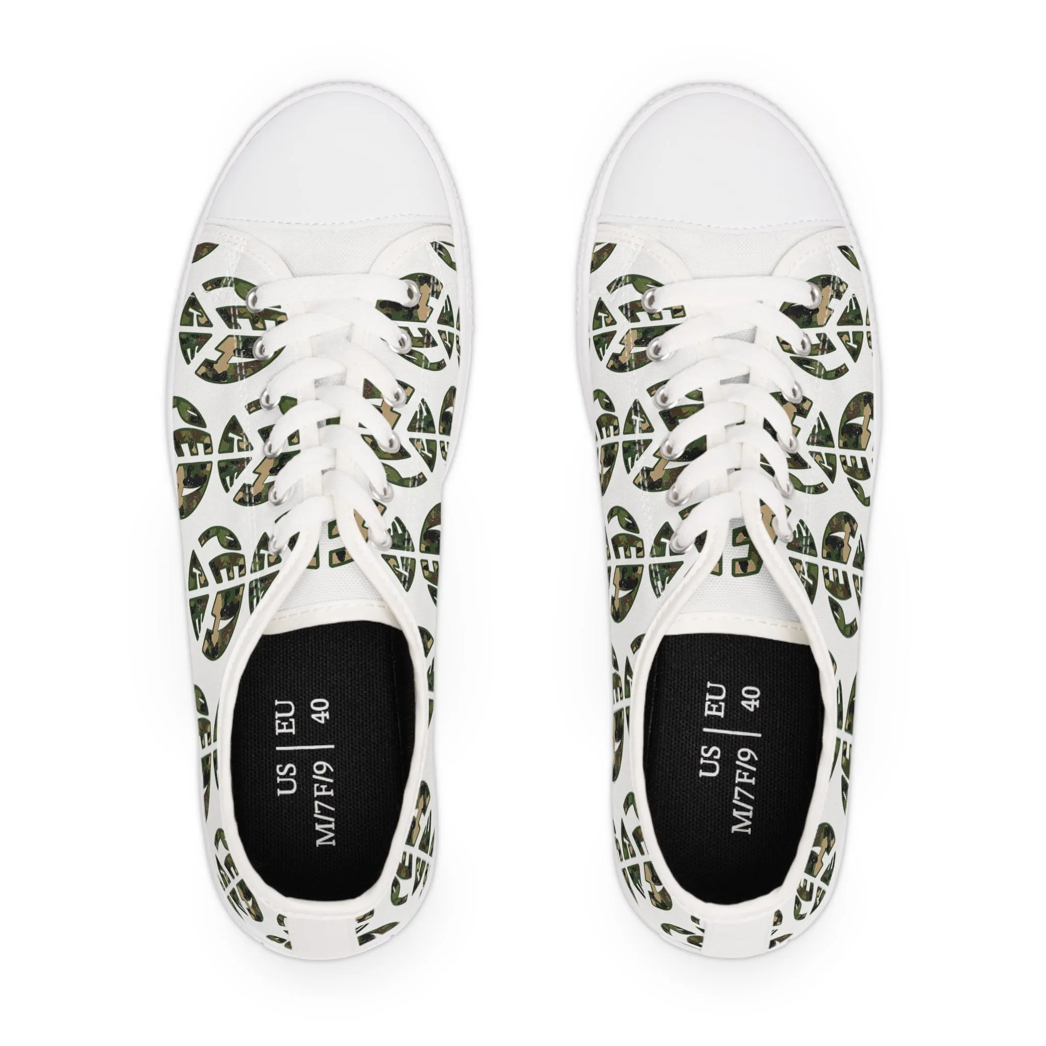 Shoes of Peace - Women's Low Top Sneakers (Green Camo Peace Design)