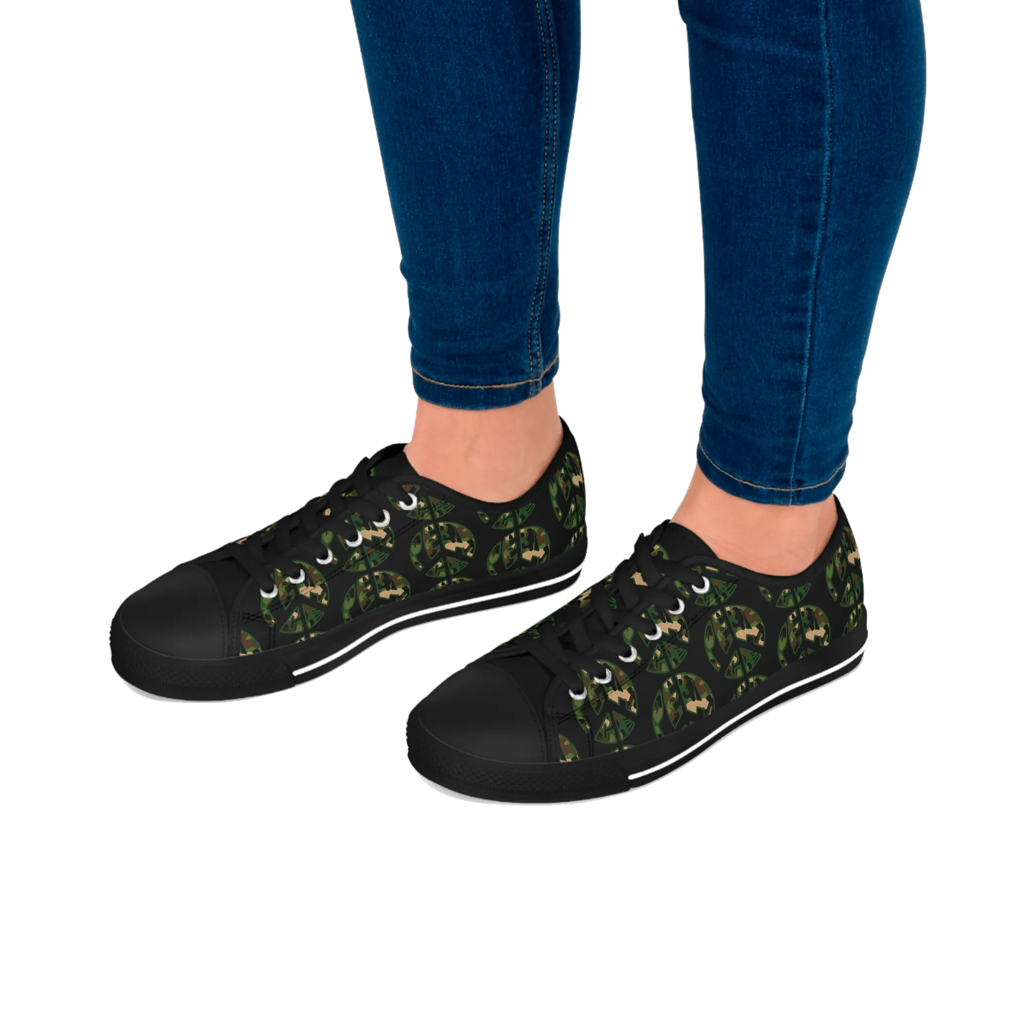 Shoes of Peace - Women's Low Top Sneakers (Green Camo Peace Design)