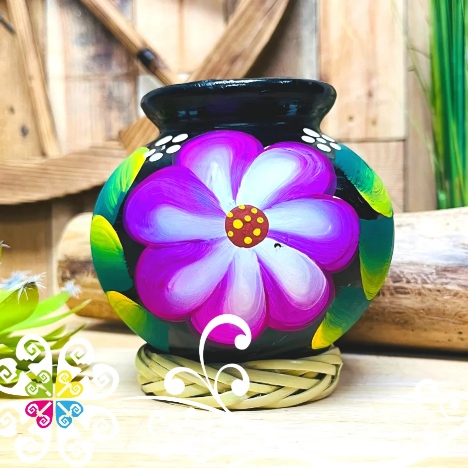 Small Black Clay Cantarito Handpainted Vase - Barro Negro Oaxaca