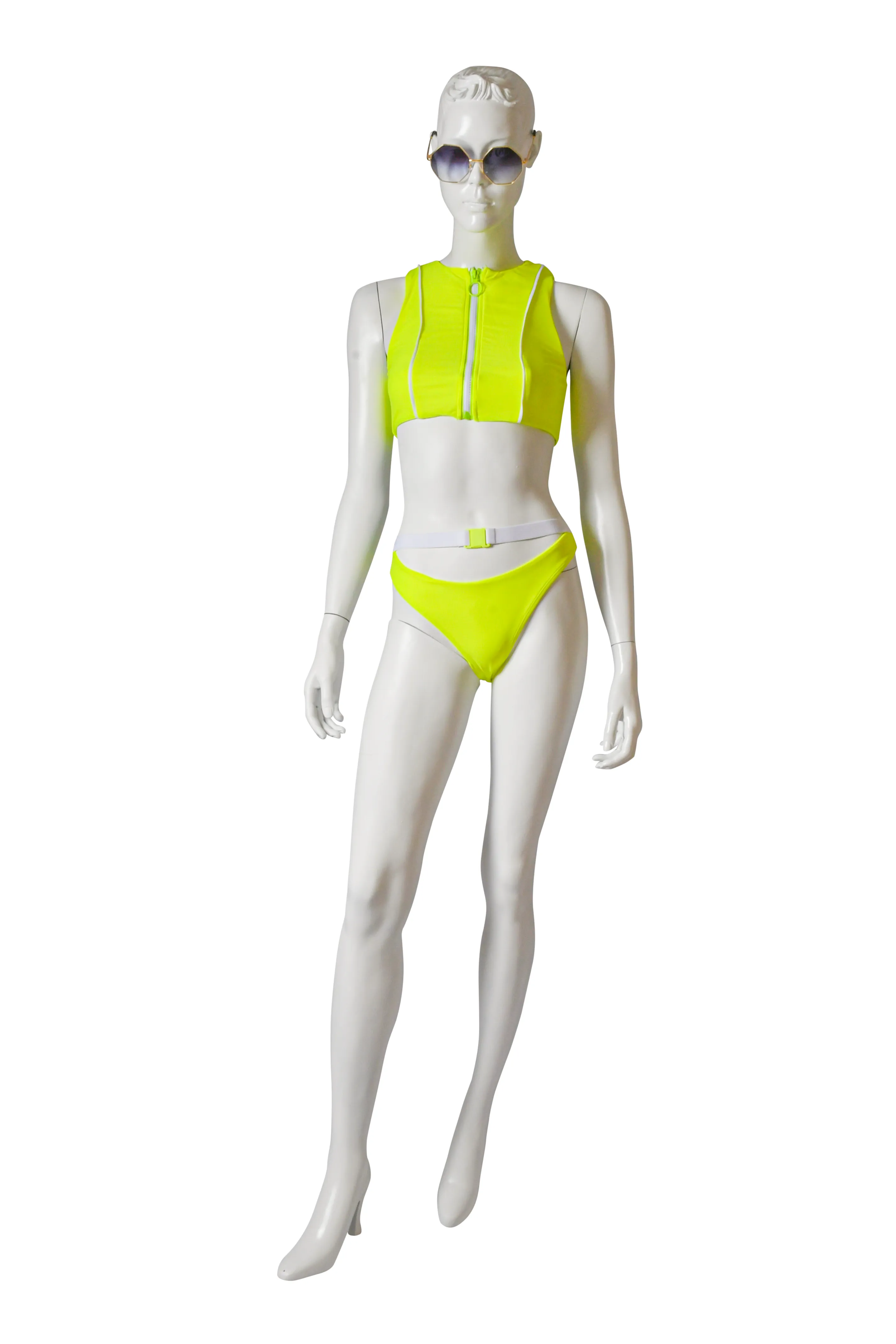 Spicy Chic Neon Yellow Short Sleeves Crop Top Two Piece Swimsuit