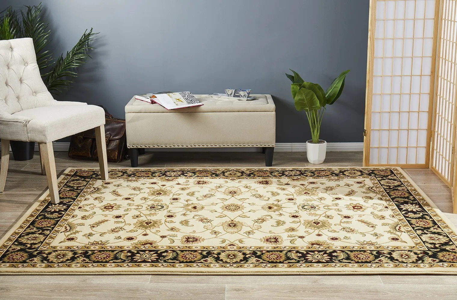 Sydney Collection Classic Rug Ivory with Black Border