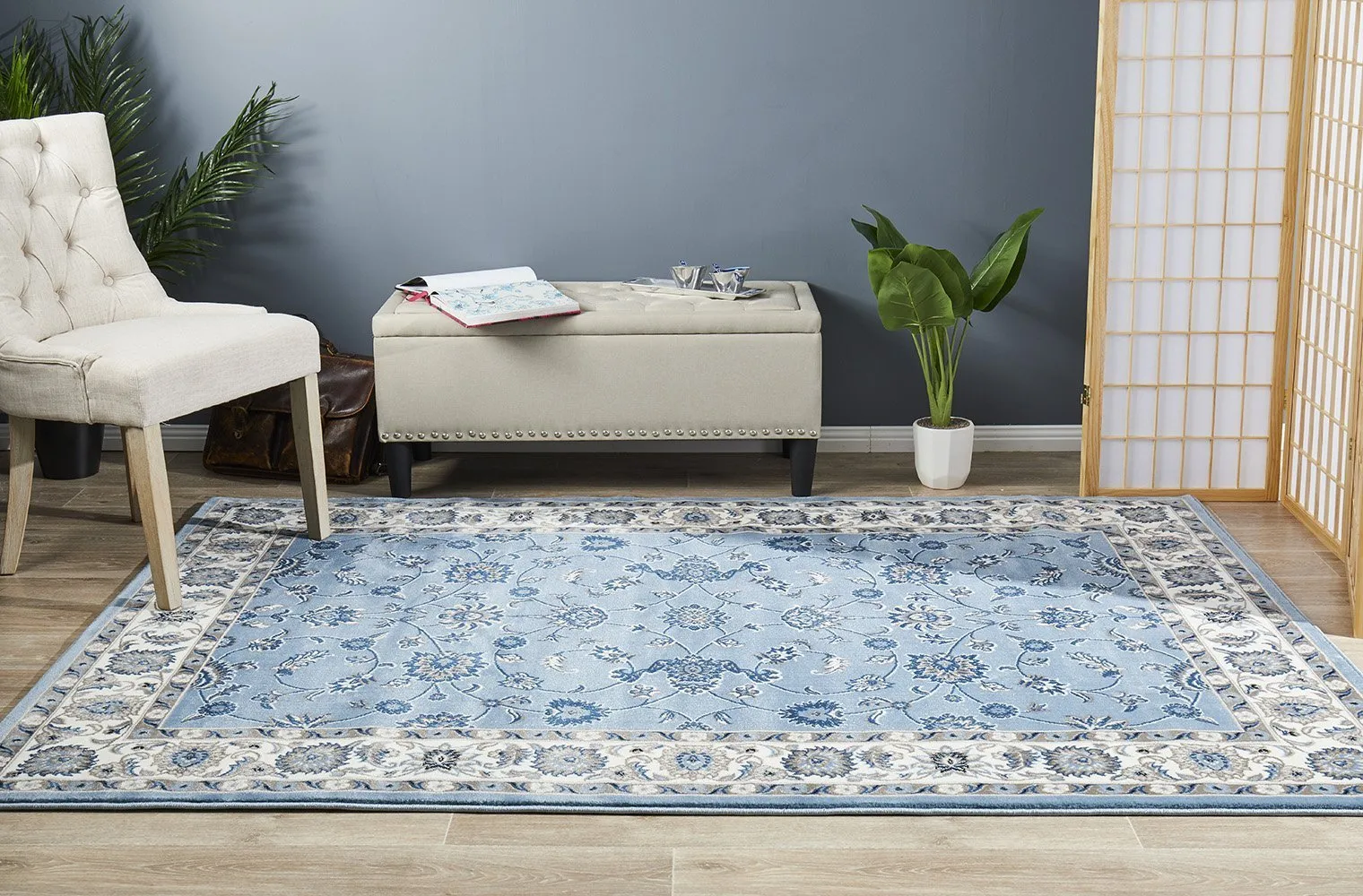 Sydney Collection Classic Rug Sky Blue with Blue Border