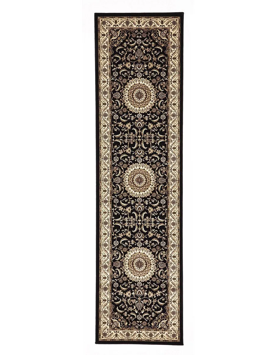 Sydney Medallion Runner Black with Ivory Border Runner Rug