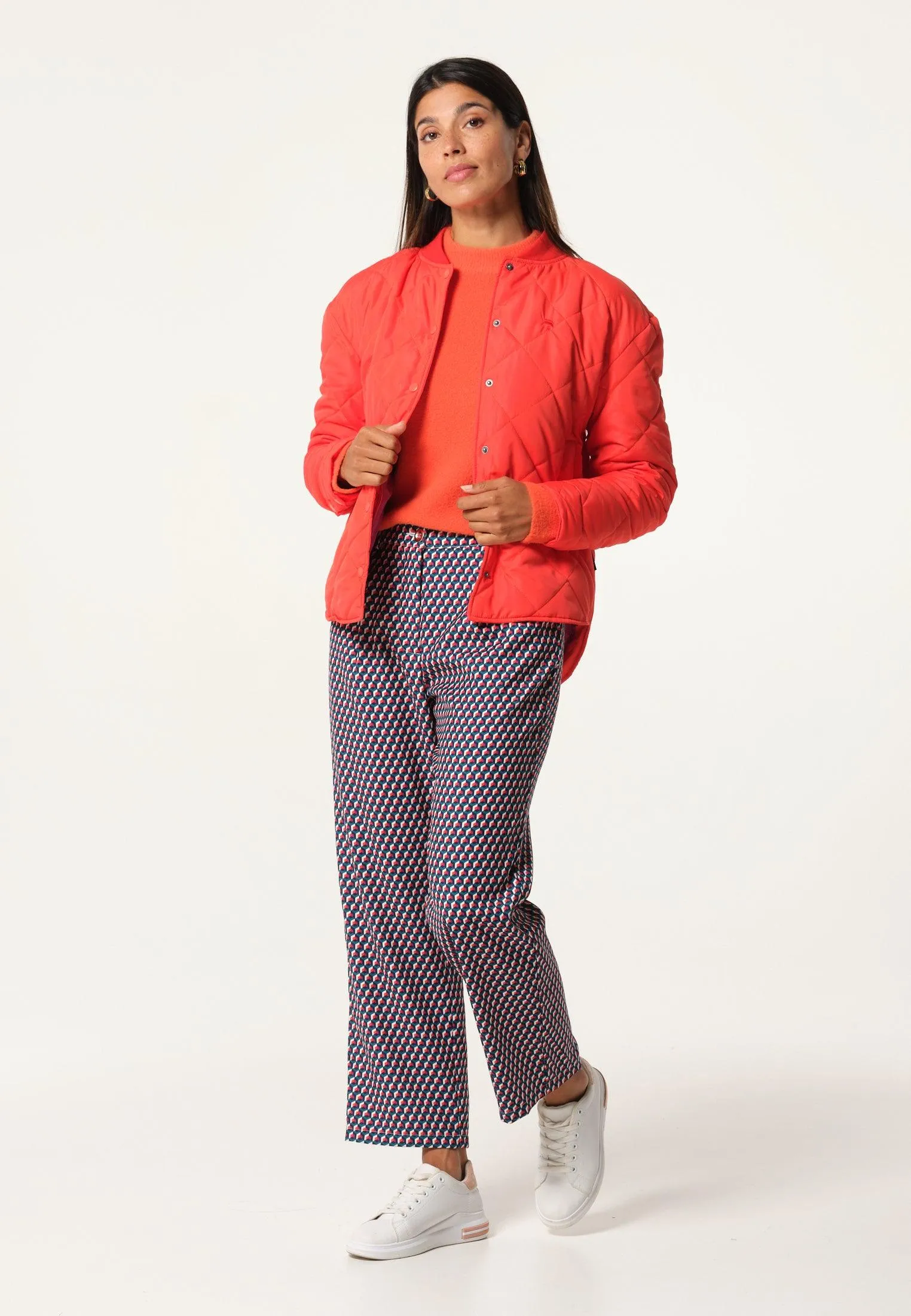 Veste femme orange avec quadrillage façon doudoune
