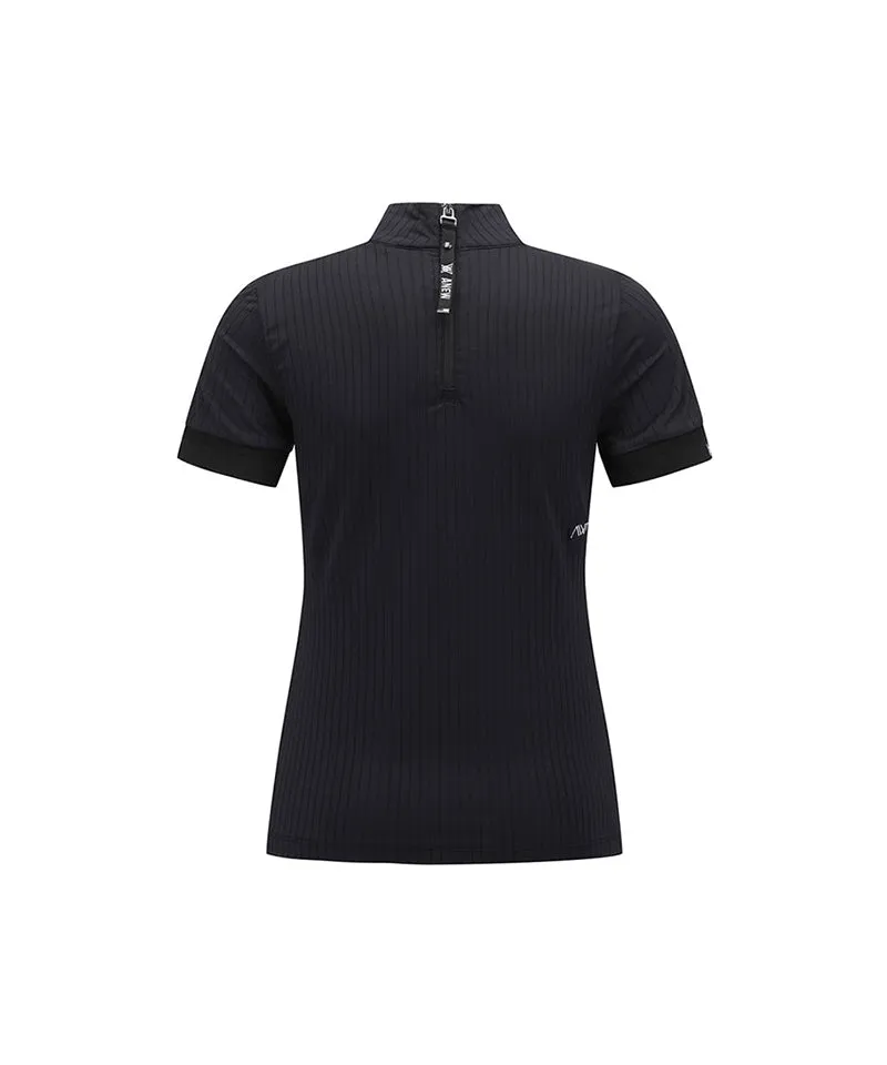 Women High Neck Zipper  Point Shot T-Shirt - Black