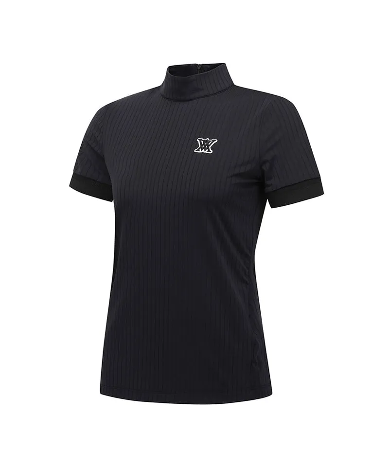 Women High Neck Zipper  Point Shot T-Shirt - Black