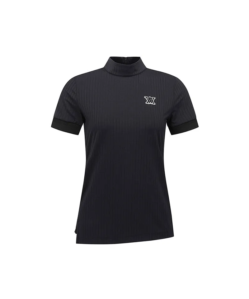 Women High Neck Zipper  Point Shot T-Shirt - Black
