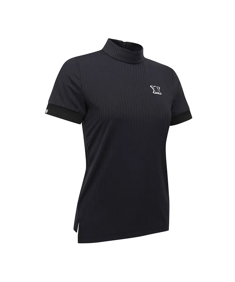Women High Neck Zipper  Point Shot T-Shirt - Black