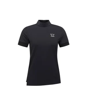 Women High Neck Zipper  Point Shot T-Shirt - Black
