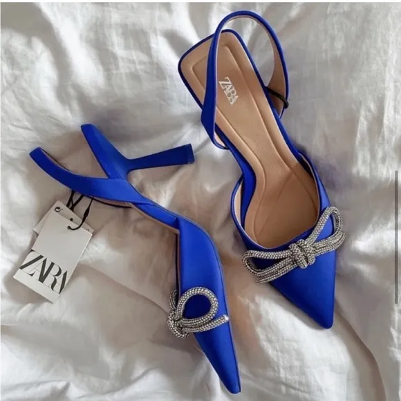 Zara blue embellished rhinestone slingback shoes